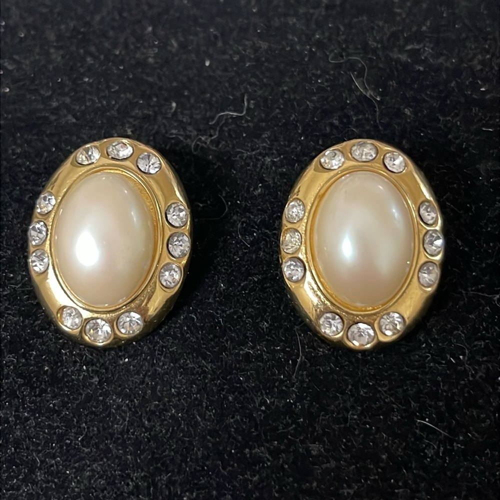 Monet Signed Vintage Gold Tone Faux Pearl & Diamonds Clip On Earrings. MA